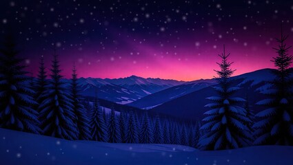 Winter Night Sky Over Snowy Mountains and Evergreen Trees.