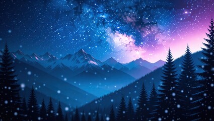 Winter Night Sky Over Snowy Mountains and Pine Forest.