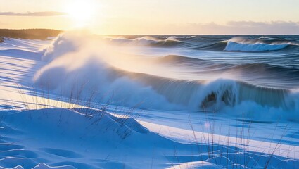 Winter Ocean Sunset with Snow Covered Beach and Crashing Waves.