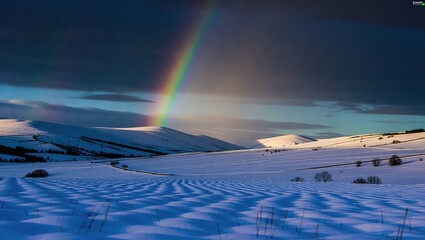 Winter Rainbow Over Snow-Covered Hills.