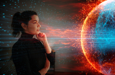 Thoughtful woman observing digital holographic planet in futuristic scene