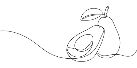 Continuous one single minimal line drawing avocado, Avocado Single Line Icon, A half of avocado superfood line art illustration, Continuous line drawing of avocado, vector illustration.  © Saheda