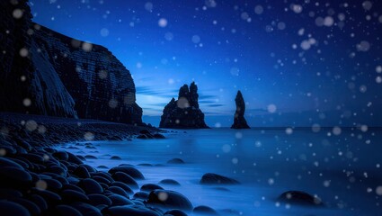 Winter snow falls over a serene coastal landscape at night.