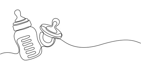 Continuous single line drawing of baby bottle with handle and nipple, minimal modern contour illustration on white background, Self drawing line animation bottle for feeding babies continuous one line