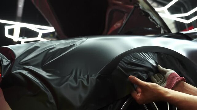 4k Video Applying black vinyl wrap to car with heat gun ensures precise adhesion and flawless surface coverage. Heat gun used in vinyl wrapping activates adhesive. Car Vinyl Wrapping with Heat Gun.