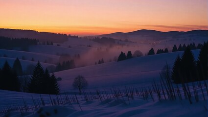 Winter Sunrise Over Snowy Rolling Hills and Forests.
