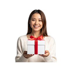 Smiling Woman Holding Gift Box with Both Hands, Front-Facing Pose, Isolated on Transparent Background 