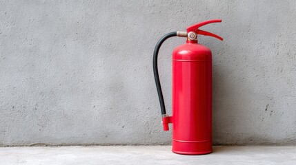 Obraz premium Red Fire Extinguisher Against a Gray Concrete Wall: A Safety Device for Fire Emergencies and Fire Risk Mitigation in Various Environments