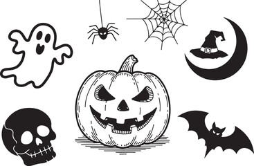 Spooky halloween icons bundle a ghost spider web pumpkin skull bat moon hat set silhouette