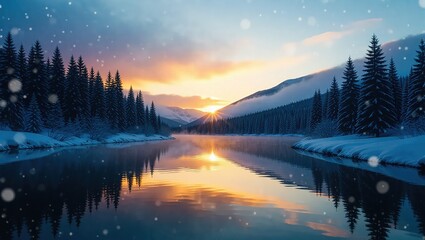 Winter Sunset Reflection on a Calm River in the Mountains.
