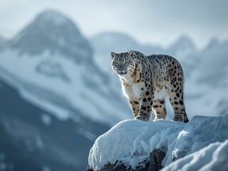 Fototapeta premium Majestic snow leopard surveying its stunning snowy mountain domain from a high rocky perch, embodying resilience and wild beauty in a captivating portrait