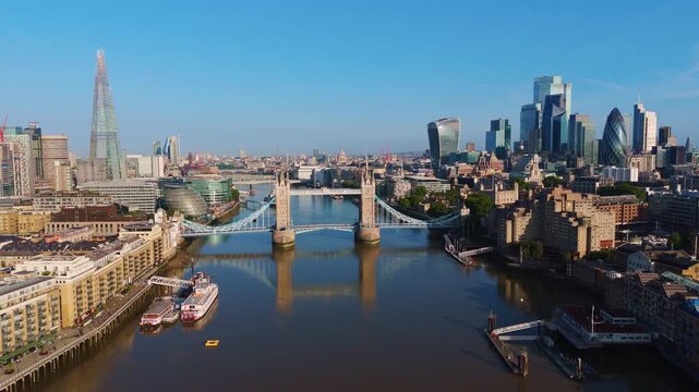 London Cityscape Aerial Pullback Reveal Flythrough of Skyline and Tower Bridge