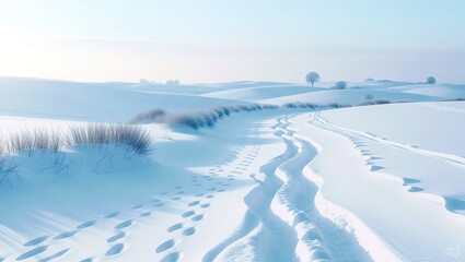 Winter Wonderland - Footprints in Fresh Snow on a Bright, Cold Day.