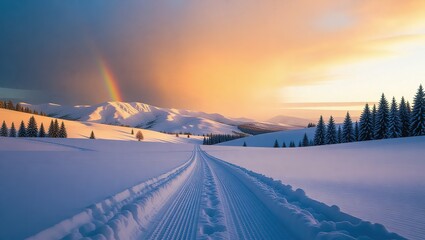 Winter Wonderland Road Leading to Snowy Mountains and Rainbow.