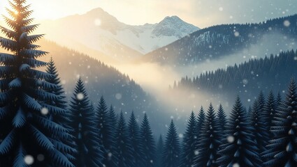 Winter Wonderland - Snow-Covered Pine Trees and Majestic Mountains at Sunrise.
