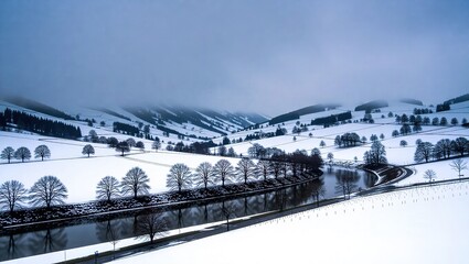 Winter Wonderland - Snow-Covered Valley with River and Trees.