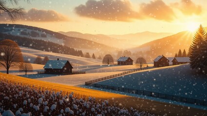 Winter Wonderland Sunset - Snow-Kissed Village in a Valley.