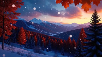 Winter Wonderland Sunset - Snowfall Over Mountain Forest Landscape.
