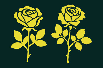 Two yellow roses with green leaves on a dark green background elegant floral art silhouette