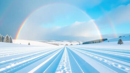 Winter Wonderland with Vibrant Rainbow Arching Over Snow-Covered Landscape and Distant Trees.