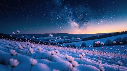 Winter Wonderland with Starry Night Sky and Snow-Covered Landscape.