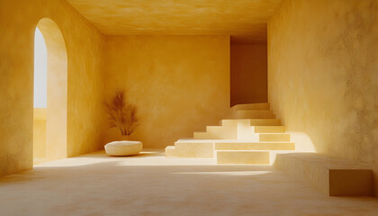 Sunlit modern interior with stairs and arch window yellow tones