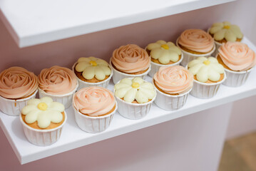 A neat row of custom-made vanilla cupcakes with pale pink rose and creamy yellow floral frosting arranged on a white shelf, perfect for a subtle and elegant celebration or wedding