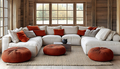 Modern sectional sofa in rustic room with large windows