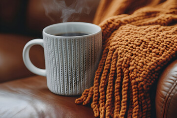 Warm drink in cozy mug knitted blanket and leather chair