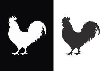 Majestic rooster silhouette in contrasting black and white halves side by side silhouette