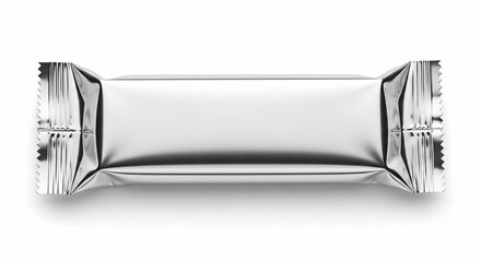 Top view of a blank silver metallic flow pack wrapper for a chocolate or protein bar, a mockup template isolated on a white background.