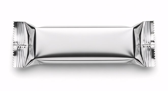 Top view of a blank silver metallic flow pack wrapper for a chocolate or protein bar, a mockup template isolated on a white background.