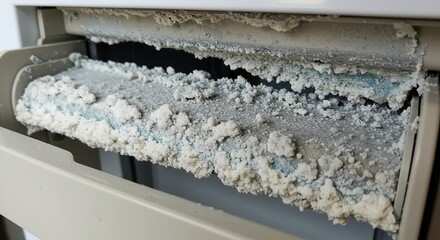 Close up of a dirty air conditioner filter with visible mineral deposits