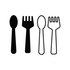 Simple black and white graphic illustration of two spoons and two forks arranged in a row representing cutlery and dining essentials