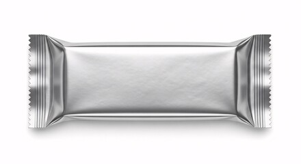 Top view of a blank silver metallic flow pack wrapper for a chocolate or protein bar, a mockup template isolated on a white background.