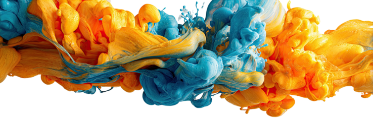 Abstract swirling of vibrant orange-yellow and azure-blue inks against a black background