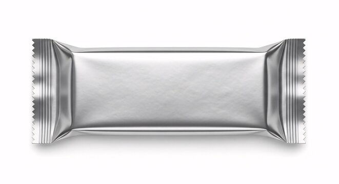 Top view of a blank silver metallic flow pack wrapper for a chocolate or protein bar, a mockup template isolated on a white background.