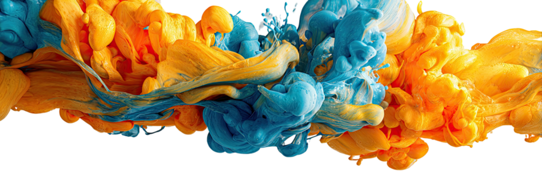 Abstract swirling of vibrant orange-yellow and azure-blue inks against a black background