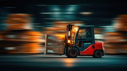 Fast forklift moving boxes in warehouse