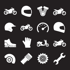 motorcycle symbol collection 16 minimal white icons helmet glove boot engine vtwin piston wrench speed