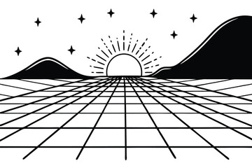 Retro 80s Neon Grid Horizon Vector Landscape EPS10