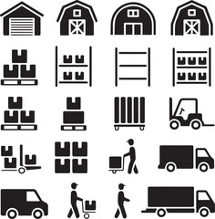 supply chain warehouse glyph icons shelving racks pallets forklift delivery van cart vector ai eps jpeg png