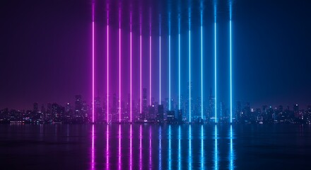 The cityscape is illuminated by vibrant neon lights at night, creating a futuristic and captivating scene with stunning reflections on the water