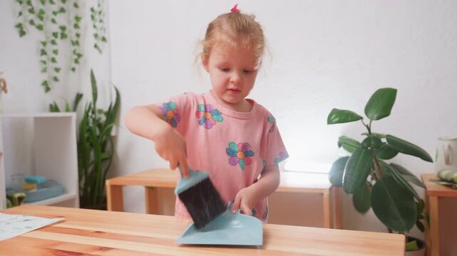 kid cleaning wooden table with brush and parker in bright kindergarten classroom, focused child in pink floral shirt working with concentration as sunlight shines through background