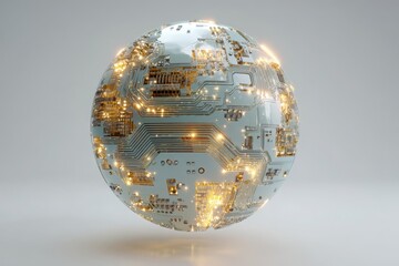 A sphere constructed of interconnected circuit boards, illuminated with glowing lights, representing the future of technology