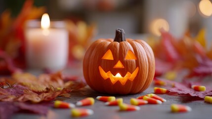 A Festive Halloween Scene Featuring a Carved Pumpkin Surrounded by Colorful Autumn Leaves and Candy Corn, Illuminated with Warm Candlelight