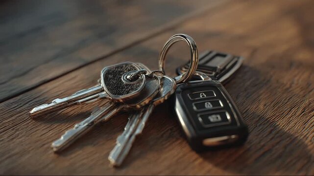 Set of house and car keys on wooden surface  
