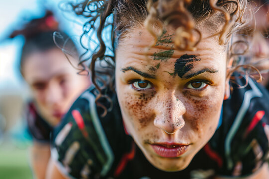 Determined female rugby player during an intense match - Powered by Adobe