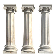 Fototapeta premium Three fluted, ornate classical columns with detailed capitals stand against a black backdrop