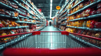 Empty red shopping cart in supermarket aisle with colorful shelves